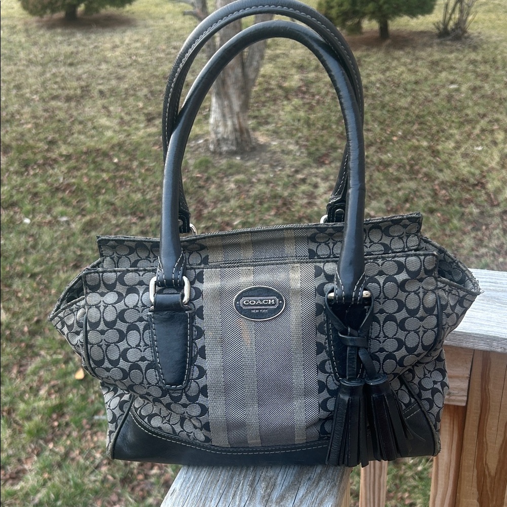 COACH legacy Signature  stripe Candace carryall tote in grey and black